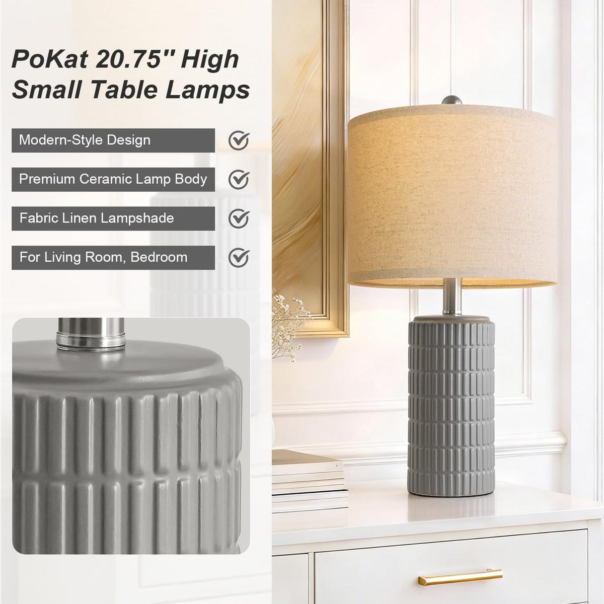 PoKat 20.75" Small Modern Ceramic Table Lamps Set of 2 for Bedroom, White