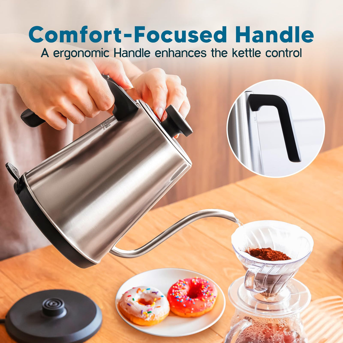 Nueve&Five Electric Gooseneck Kettle with Thermometer, 1.0L Pour Over Hot Water Kettle for Coffee and Tea, 1000W, Auto Shutoff, Boil-Dry Protection, Matte Black