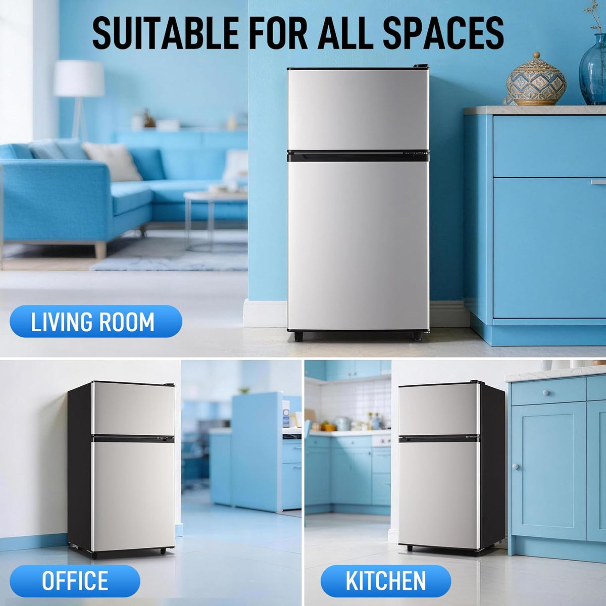 Mini Fridge with Freezer, 3.5 cubic feet 2- Doors Small Refrigerator Features 7 Gear Mechanical Control, Side Bottle Rack, Ideal for Dorm, Kitchen, Apartment, Office, Silver