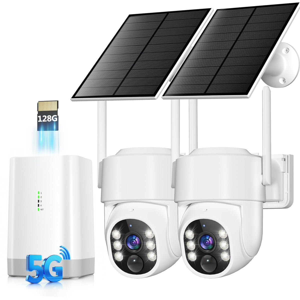 4MP Security Cameras Wireless Outdoor, No Subscription 128GB Local Storage, Solar Powered Cameras For Home Security, PTZ Auto Tracking, 4Cam-Kit, Color Night Vision Home Security Camera System,5G&2.4G