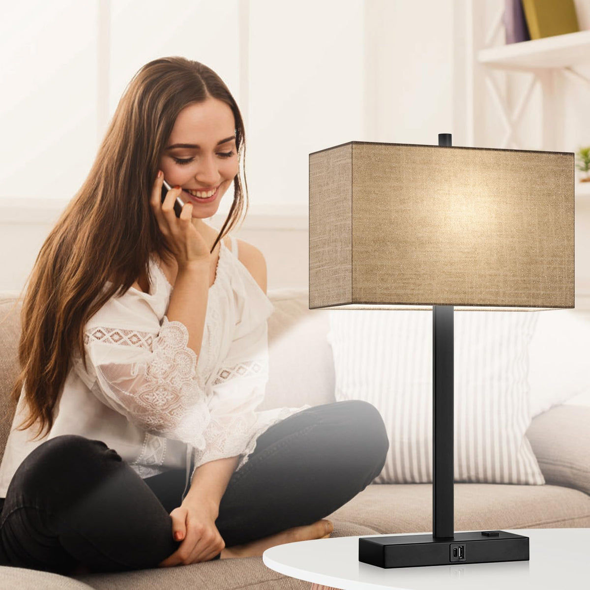 Lynnoland Set of 2 Touch Control Table Lamps with 2 USB & AC Outlet, 3-Way Dimmable Bedside Nightstand Lamps for Bedroom Living Room Nursery, 800 Lumens 5000K Daylight Bulbs Included
