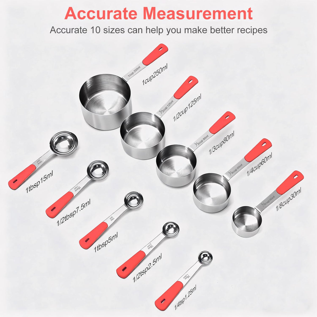 10-Pcs Stainless Steel Measuring Cups & Spoons Set, Colorful Handles
