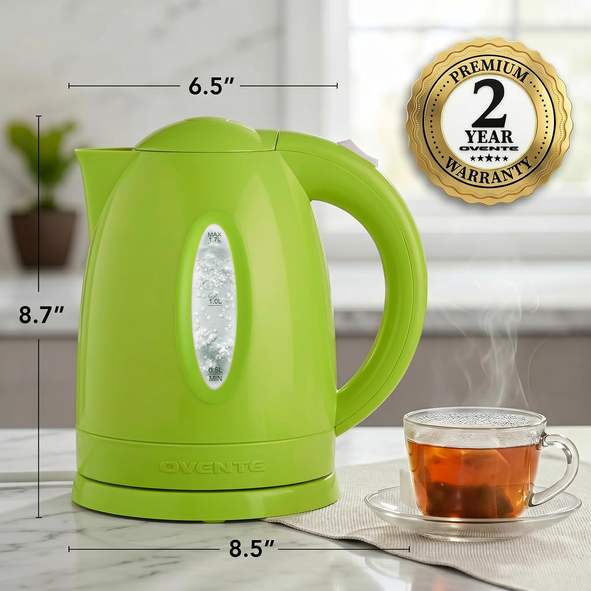 OVENTE 1.7L Electric Tea Kettle, Fast Boiling Water Heater, White KP72W