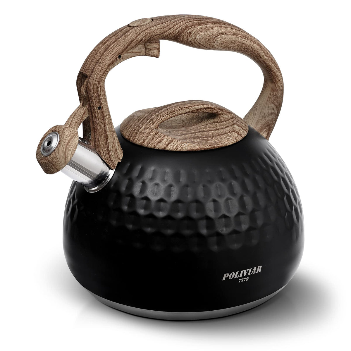 POLIVIAR Tea Kettle, 2.7 Quart Natural Stone Finish with Wood Pattern Handle Loud Whistle Food Grade Stainless Steel Teapot, Anti-Hot Handle and Anti-Rust, Suitable for All Heat Sources (JX2018-GR20)