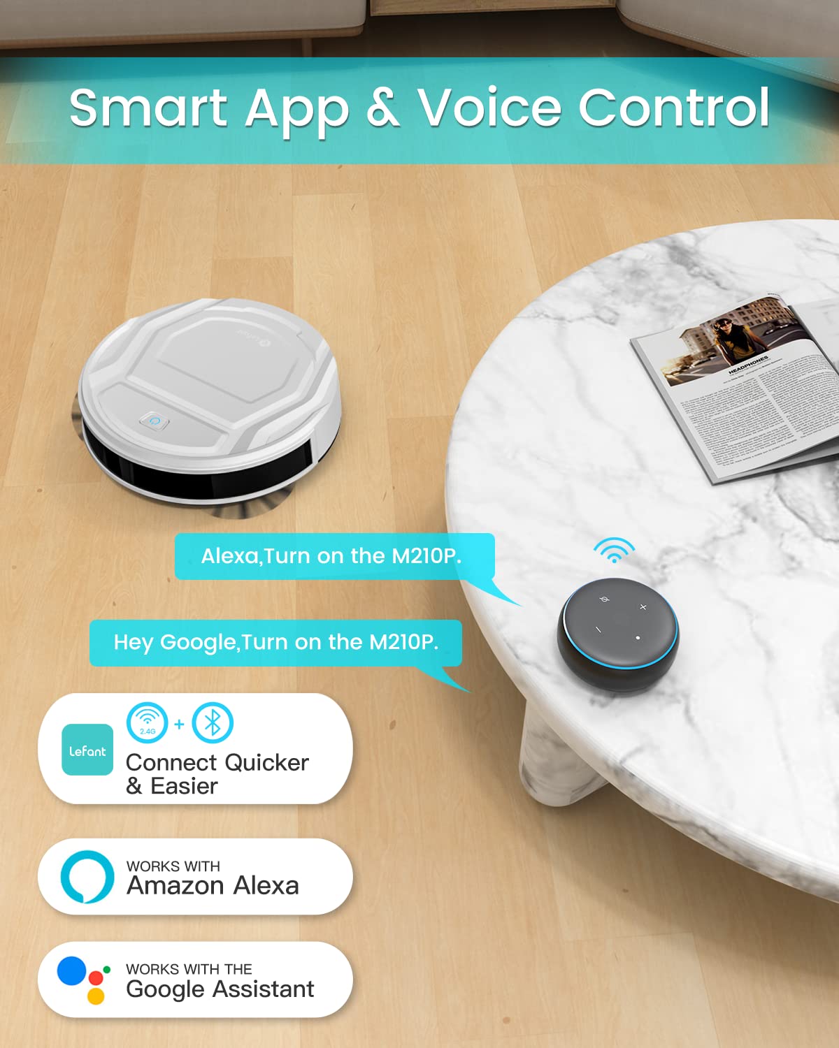 Lefant Robot Vacuum Cleaner, Strong Suction, 120 Mins Runtime, Slim, Low Noise, Automatic Self-Charging, Wi-Fi/App/Alexa Control, Ideal for Pet Hair Hard Floor and Daily Cleaning, M210