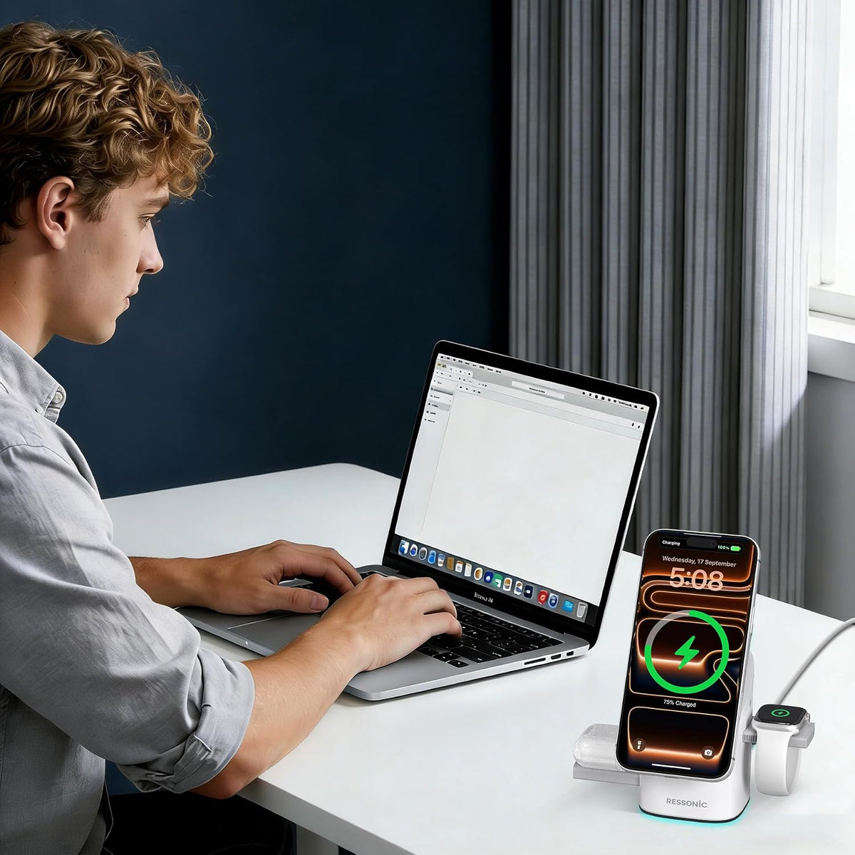 25W 3 in 1 Wireless Charging Station for Apple&Samsung, Desk Night Stand
