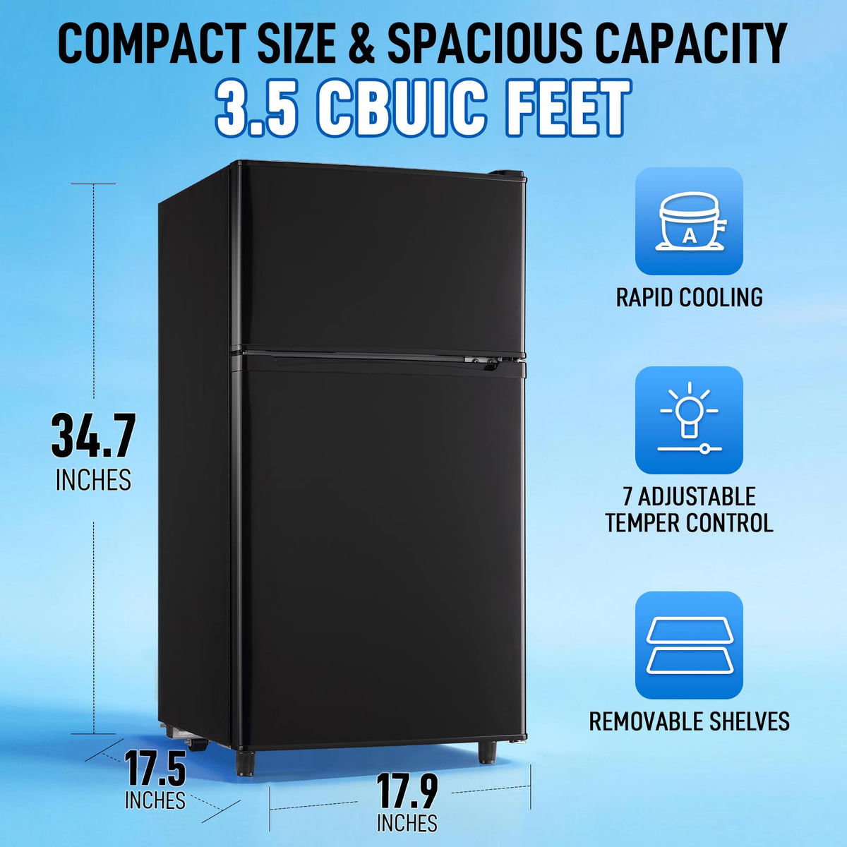 Mini Fridge with Freezer, 3.5 cubic feet 2- Doors Small Refrigerator Features 7 Gear Mechanical Control, Side Bottle Rack, Ideal for Dorm, Kitchen, Apartment, Office, Silver