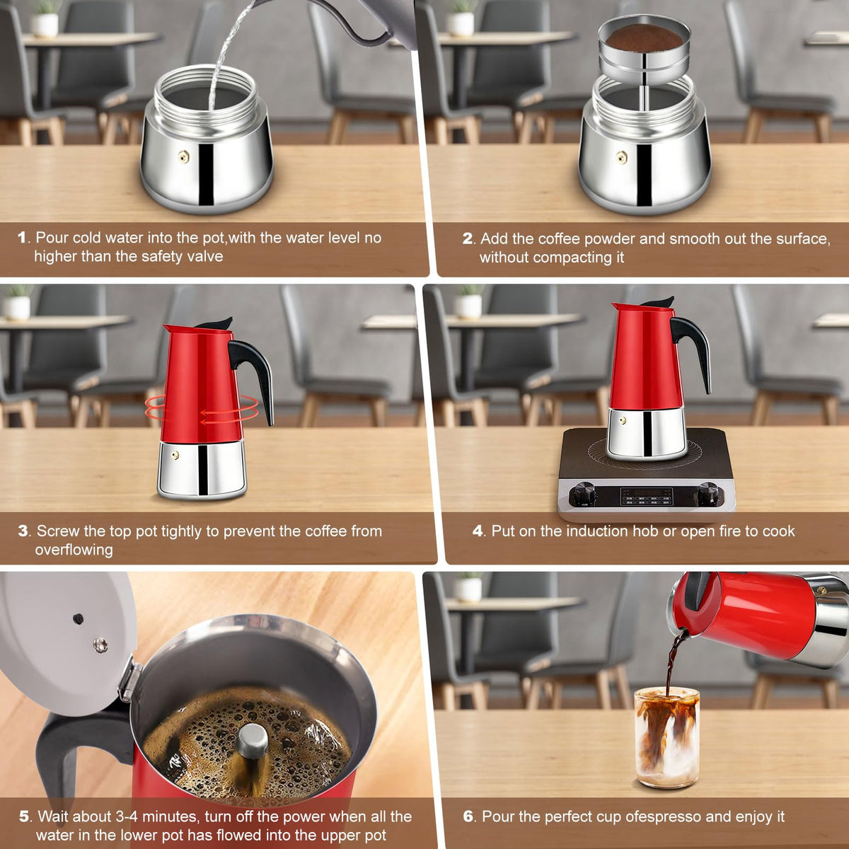 6 Cup Stovetop Espresso Maker Stainless Steel Moka Pot Stove Top Percolator Italian Coffee Makers Capable Mocha Greca Machine Cafe Classic Induction Cookers for Home and Camping 300ml 10oz