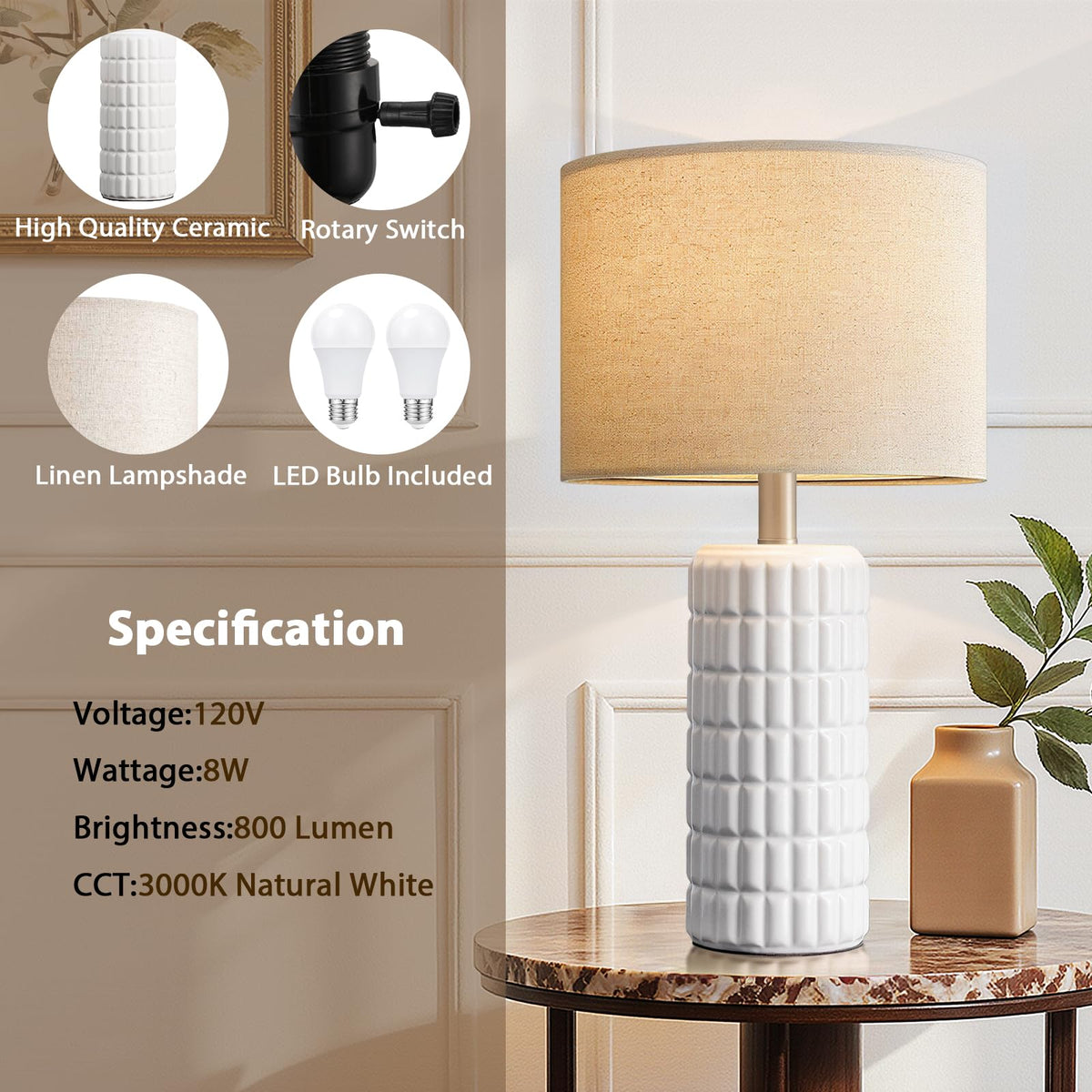 Seealle 23" Modern Ceramic Table Lamps Set of 2, Lamps for Bedroom, White