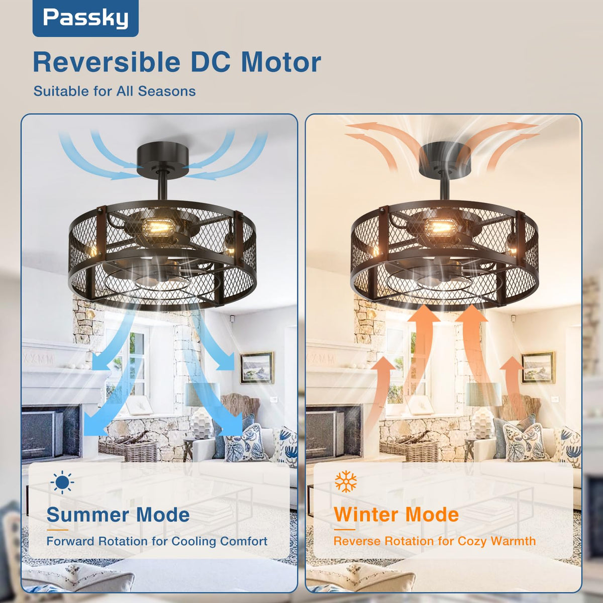 Passky 20" Caged Ceiling Fans with Lights and Remote, Low Profile Fandelier