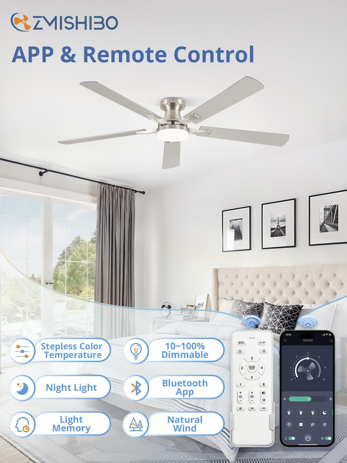ZMISHIBO 52 Inch Ceiling Fans with Lights, Remote&App Control, Flush Mount