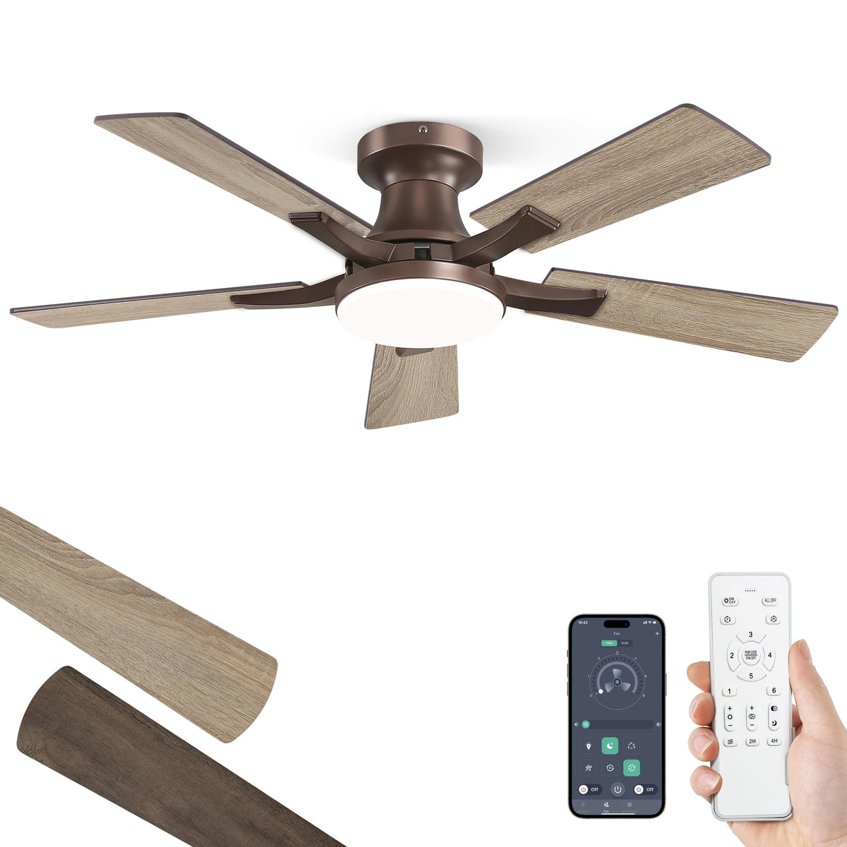 ZMISHIBO 52 Inch Ceiling Fans with Lights, Remote&App Control, Flush Mount