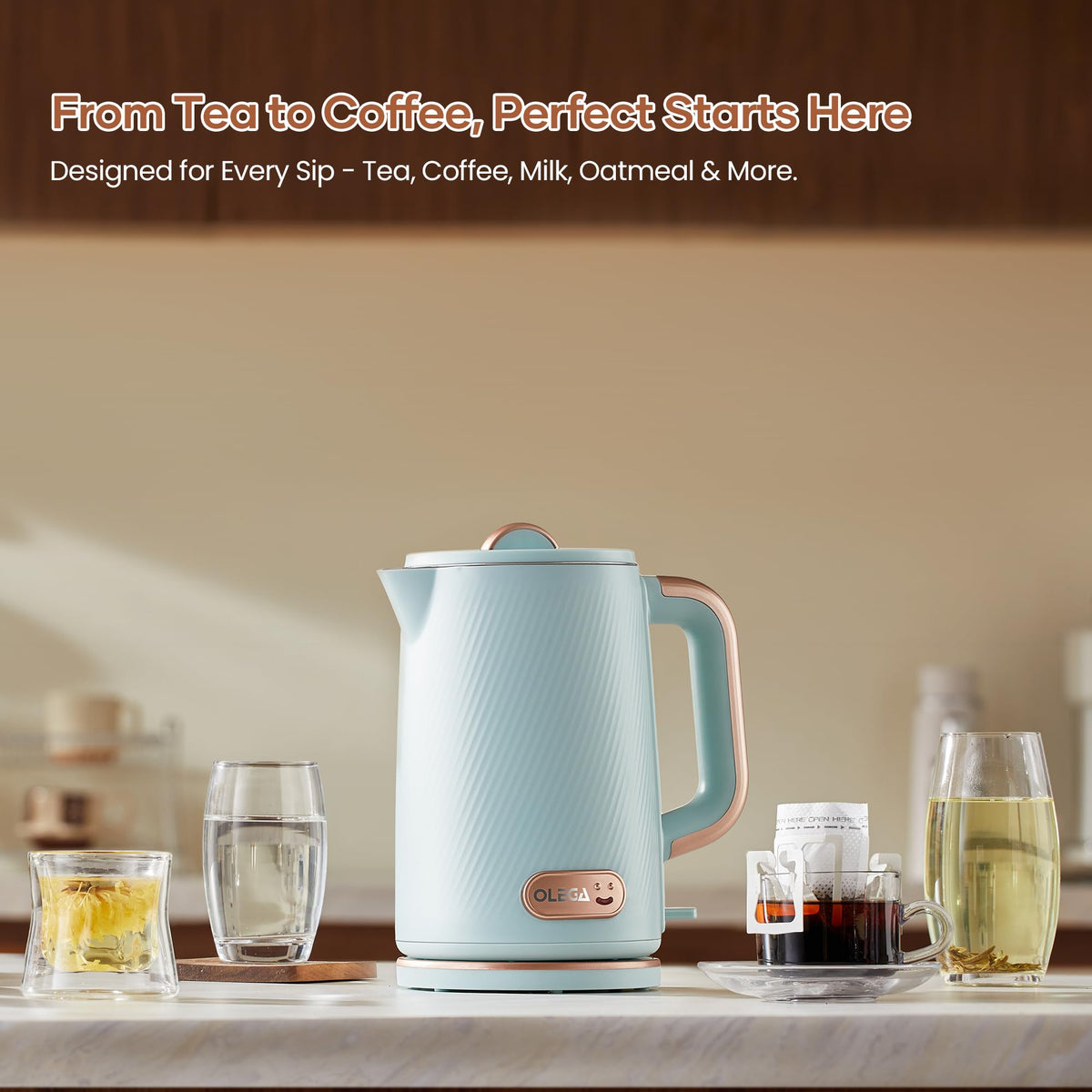 OLEGA Electric Kettle: 1200W Fast Boil Electric Water Kettles, 1.5L Double Wall Stainless Steel Tea Kettle, Auto Shut-Off, BPA-Free Hot Water Boiler Teapot for Coffee & Tea -Ligth Green