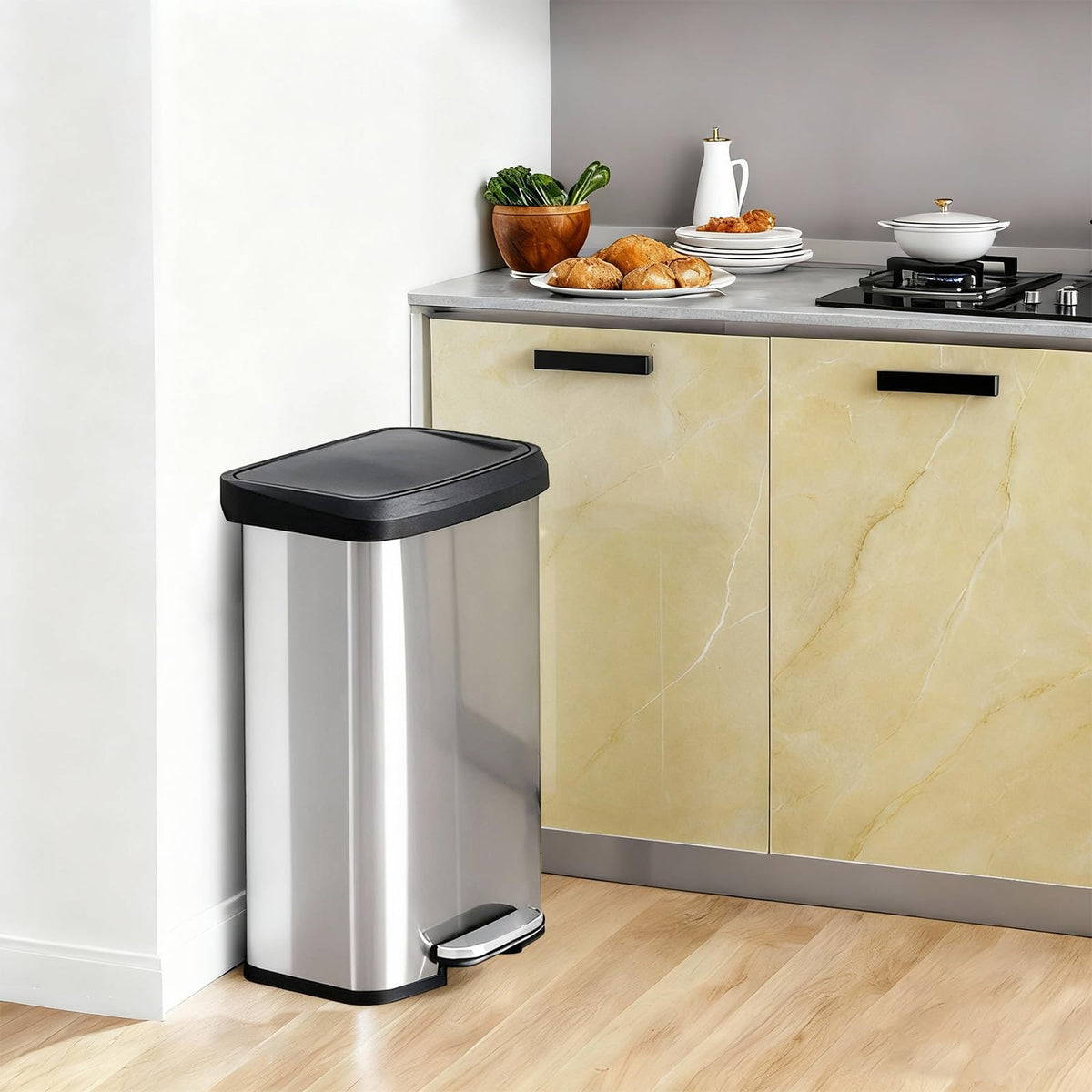 NEWBULIG 16 Gallon Dual Compartment Kitchen Trash Can, Stainless Steel, 60L