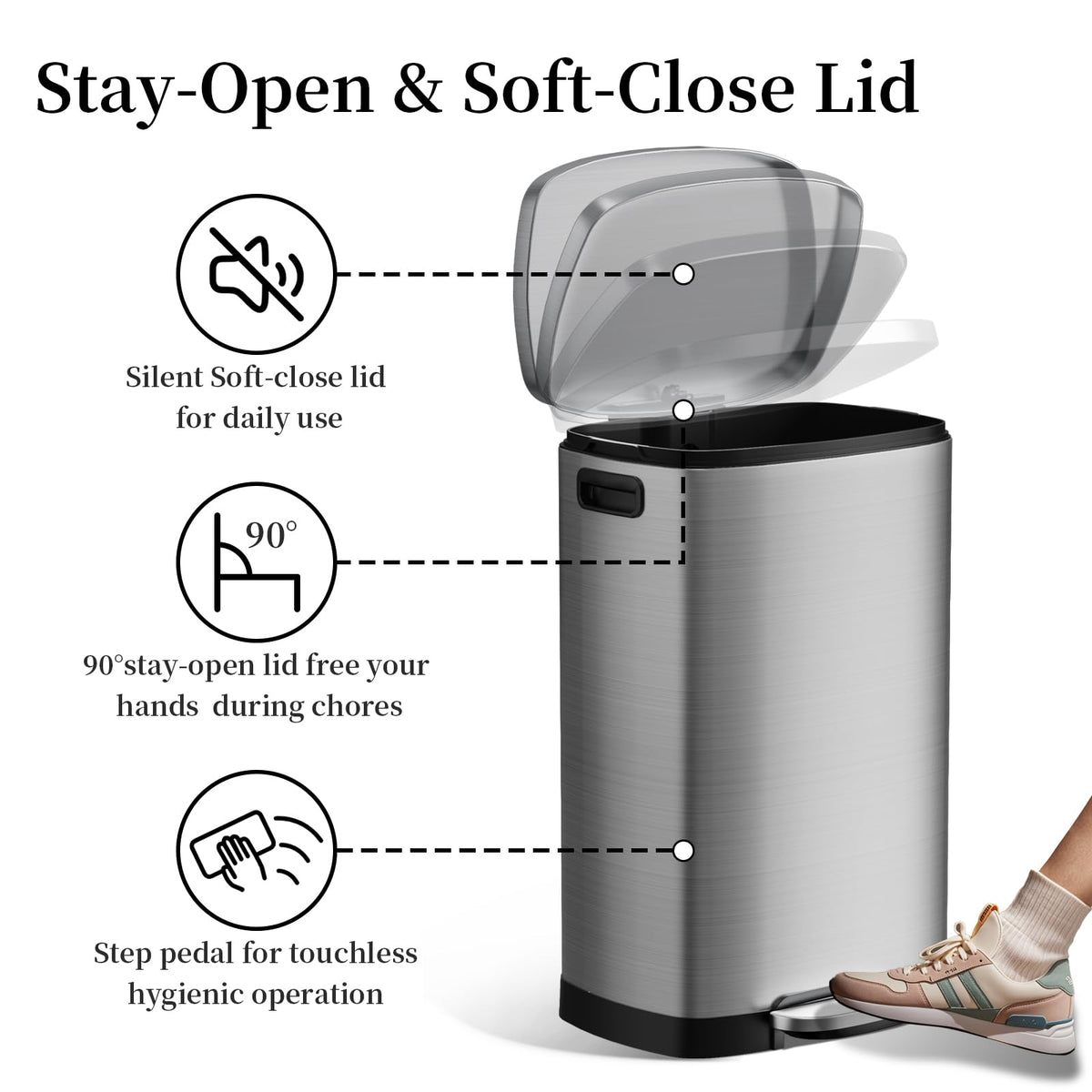 KdbK Kitchen Trash Can with Lid, 13 Gal Stainless Steel Pedal Garbage Can