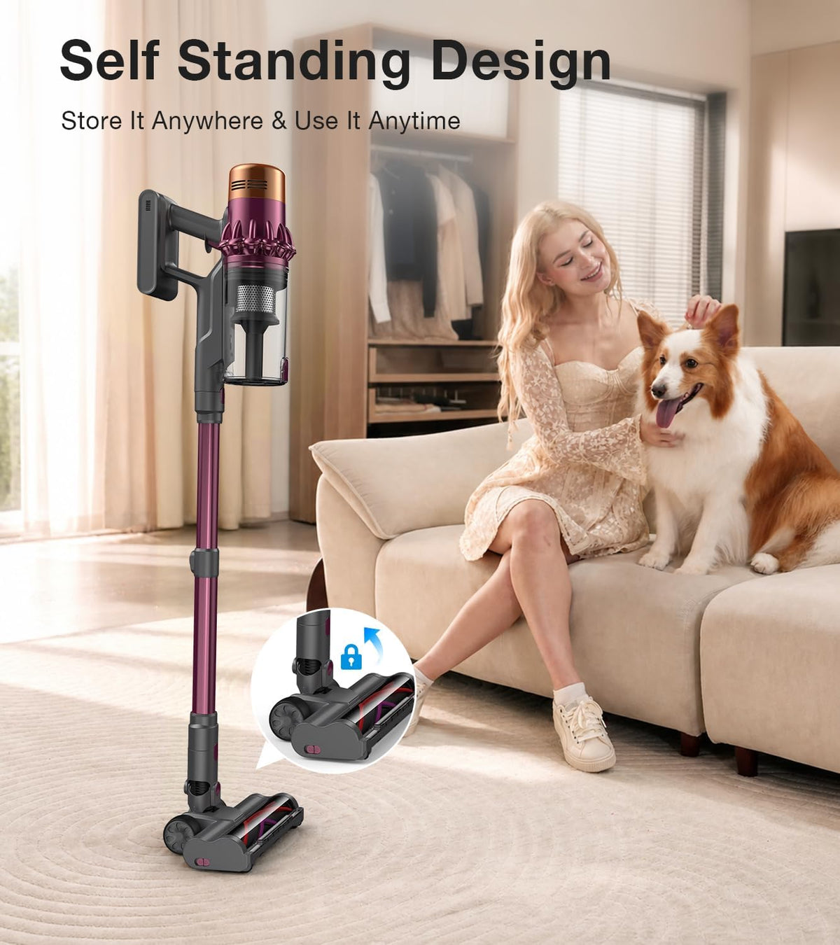 Cordless Vacuum Cleaner, 600W 50KPA 65Mins Vacuum Cleaners for Home, Stick Vacuum with Self-Standing, LED Display, Anti-Tangle Brush, 10-in-1 Lightweight Wireless Vacuum for Pet Hair Carpet Hard Floor