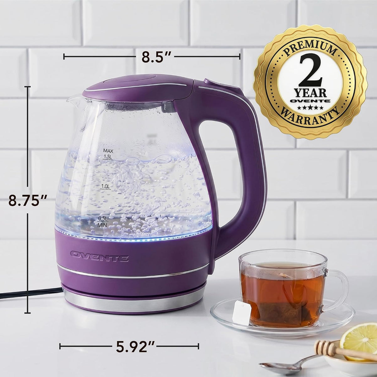 OVENTE 1.5L Glass Electric Kettle Water Boiler, Black KG83B