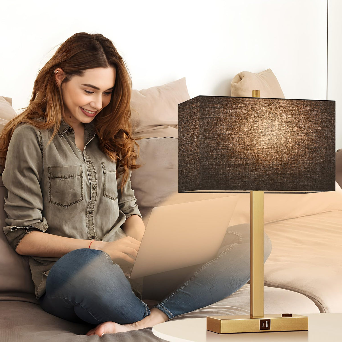 Lynnoland Set of 2 Touch Control Table Lamps with 2 USB & AC Outlet, 3-Way Dimmable Bedside Nightstand Lamps for Bedroom Living Room Nursery, 800 Lumens 5000K Daylight Bulbs Included