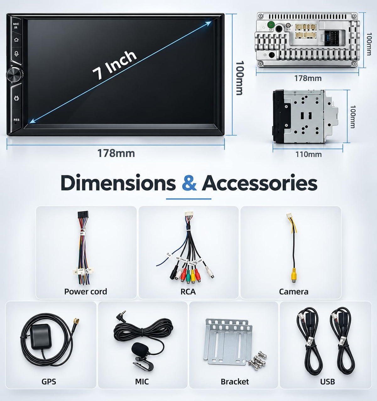 Double Din Car Stereo, 7" QLED Touchscreen 1280×720, 2GB RAM 64GB ROM