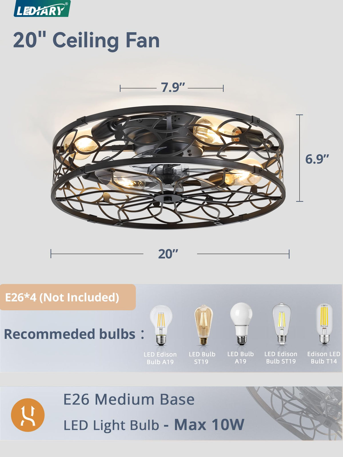 LEDIARY Caged Ceiling Fan with Light, Flush Mount Fandalier with Remote