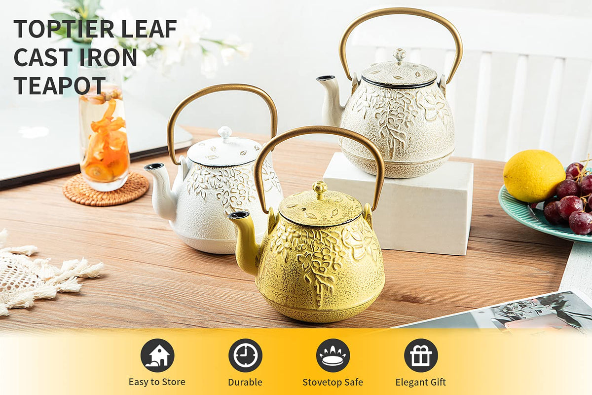 TOPTIER Japanese Teapot with Stainless Steel Infuser, Cast Iron Tea Kettle Stovetop Safe, Leaf Design Coated with Enameled Interior for 32 Ounce (950 ml), Light Green