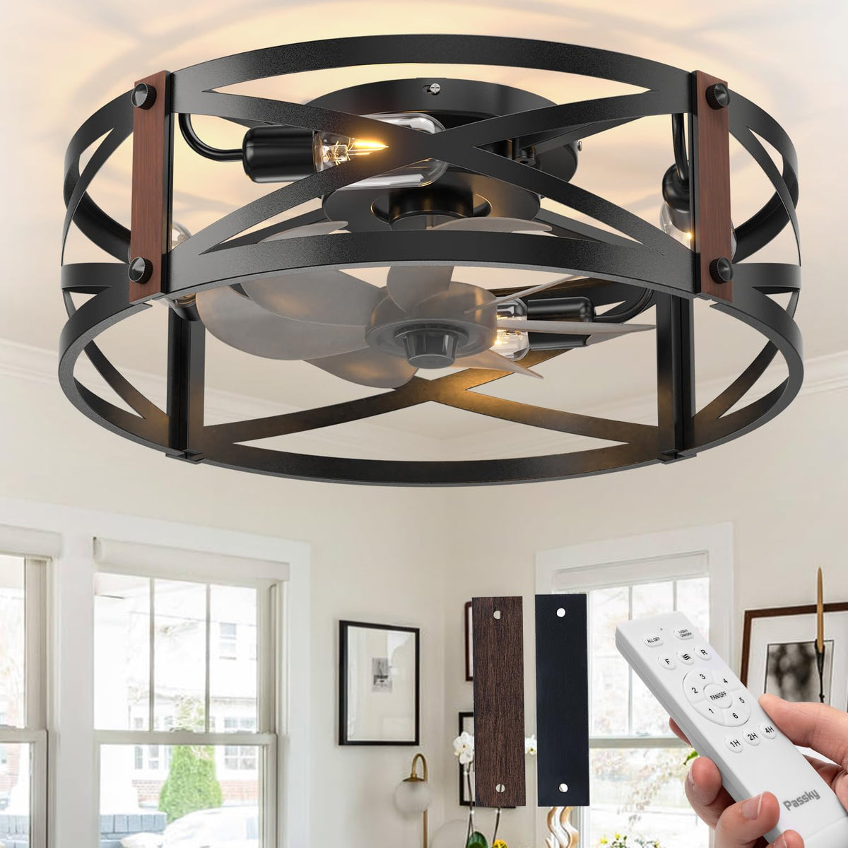 Passky 20" Caged Ceiling Fans with Lights and Remote, Low Profile Fandelier
