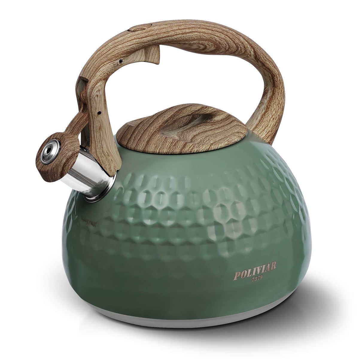 POLIVIAR Tea Kettle, 2.7 Quart Natural Stone Finish with Wood Pattern Handle Loud Whistle Food Grade Stainless Steel Teapot, Anti-Hot Handle and Anti-Rust, Suitable for All Heat Sources (JX2018-GR20)