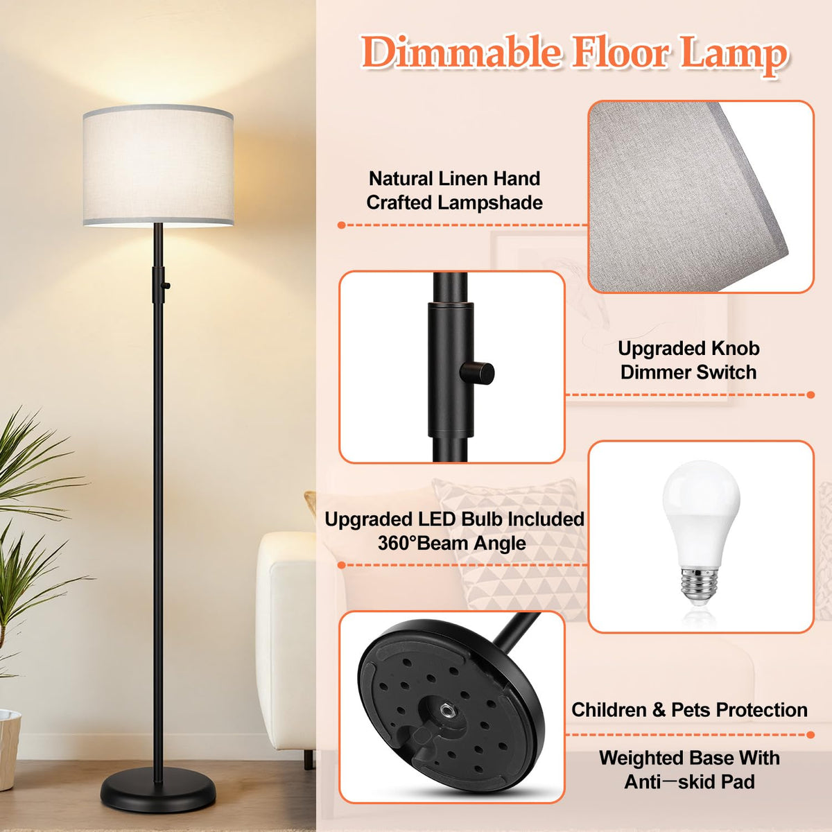 【Upgraded】 Dimmable Floor Lamp for Living Room,1000 Lumens Bulb Included, Modern Floor Lamps Simple Design with Linen Shade, Tall Standing Lamp for Bedroom Office Dining Room, Black Pole Lamp
