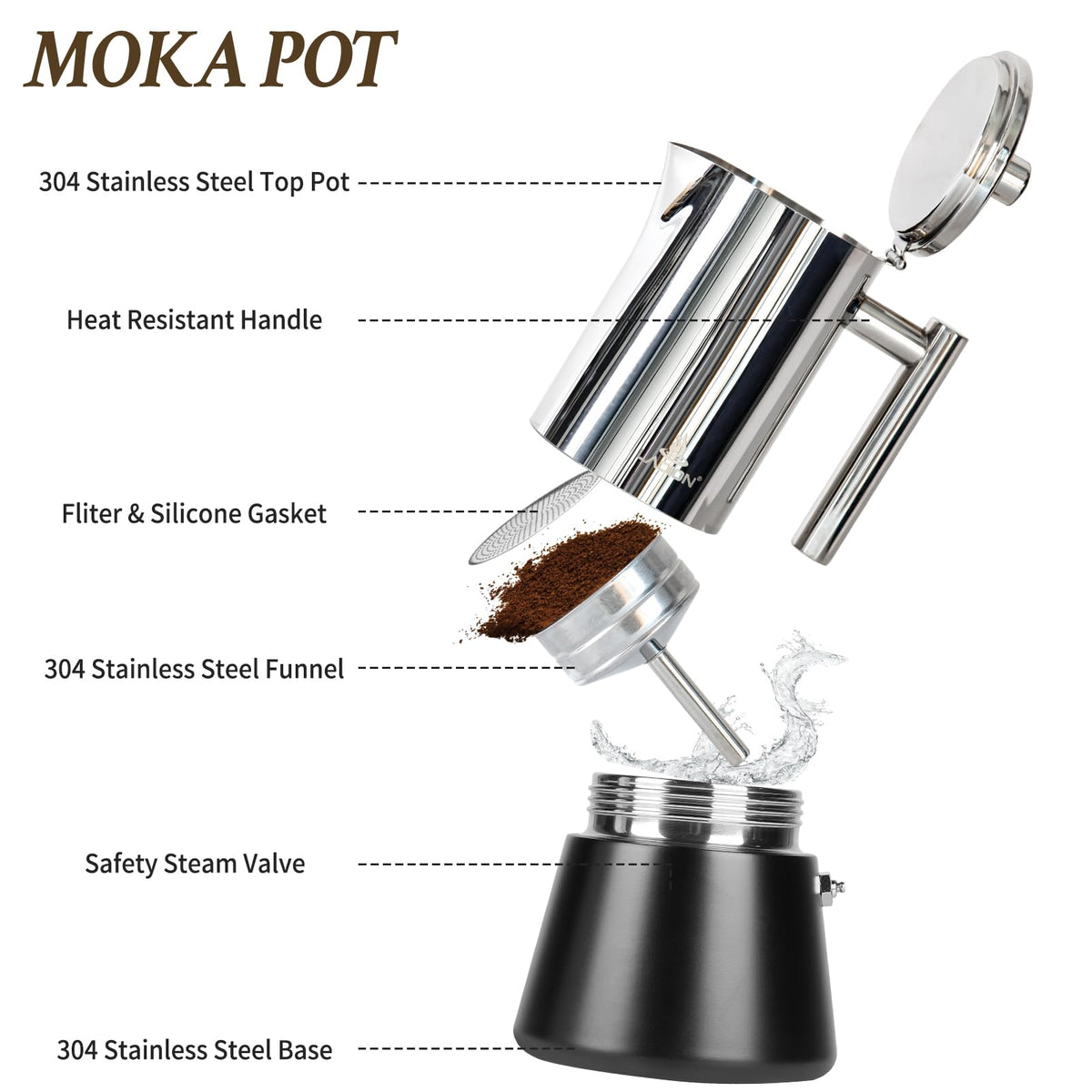 LAOION Stovetop Espresso Maker, 6Cup 10 oz Moka Pot, Stainless Steel