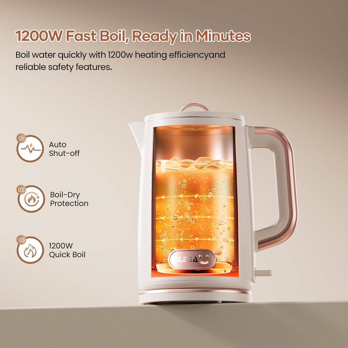 OLEGA Electric Kettle: 1200W Fast Boil Electric Water Kettles, 1.5L Double Wall Stainless Steel Tea Kettle, Auto Shut-Off, BPA-Free Hot Water Boiler Teapot for Coffee & Tea -Ligth Green