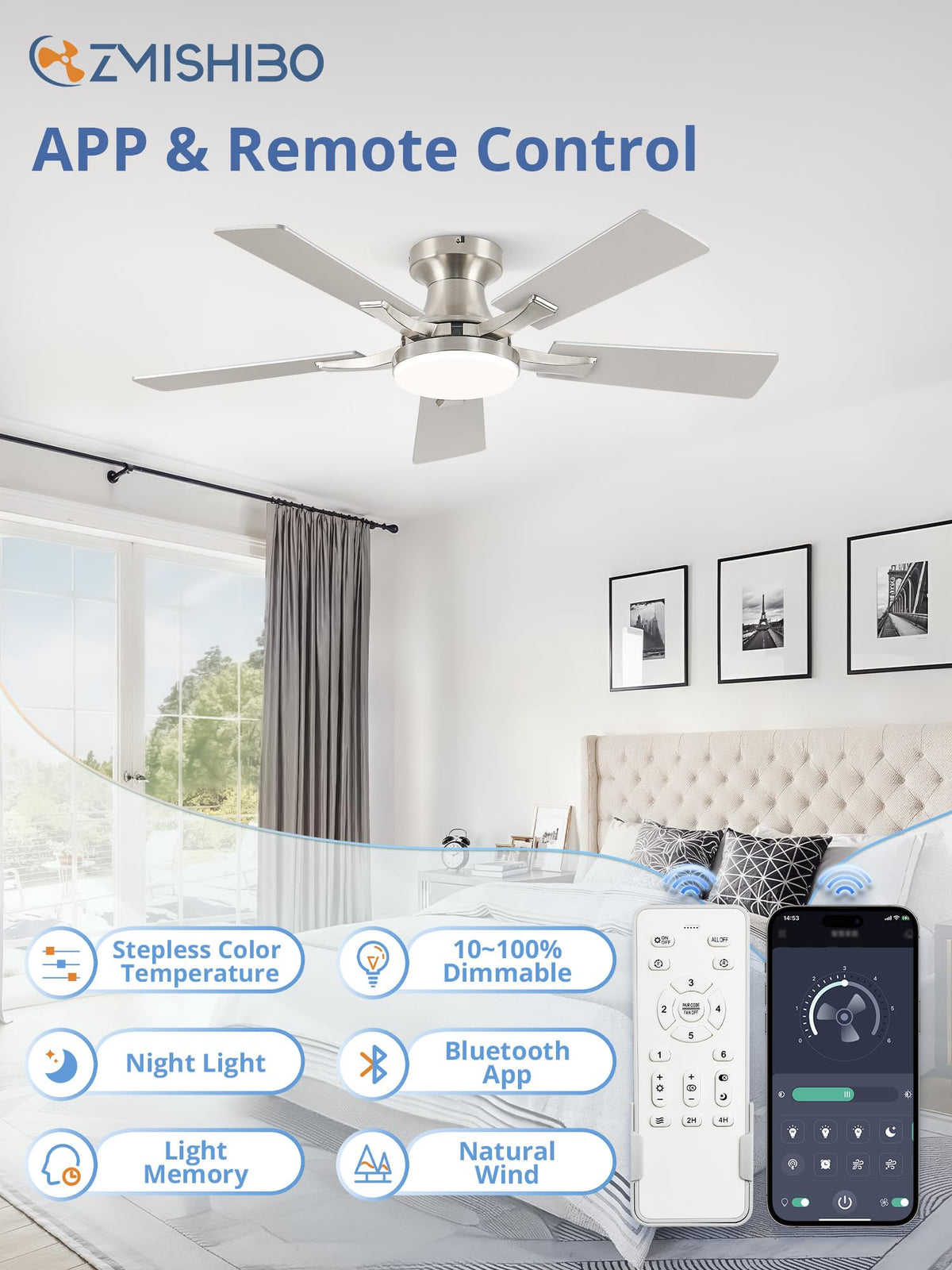 ZMISHIBO 52 Inch Ceiling Fans with Lights, Remote&App Control, Flush Mount