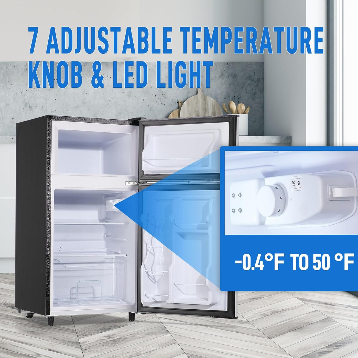 Mini Fridge with Freezer, 3.5 cubic feet 2- Doors Small Refrigerator Features 7 Gear Mechanical Control, Side Bottle Rack, Ideal for Dorm, Kitchen, Apartment, Office, Silver