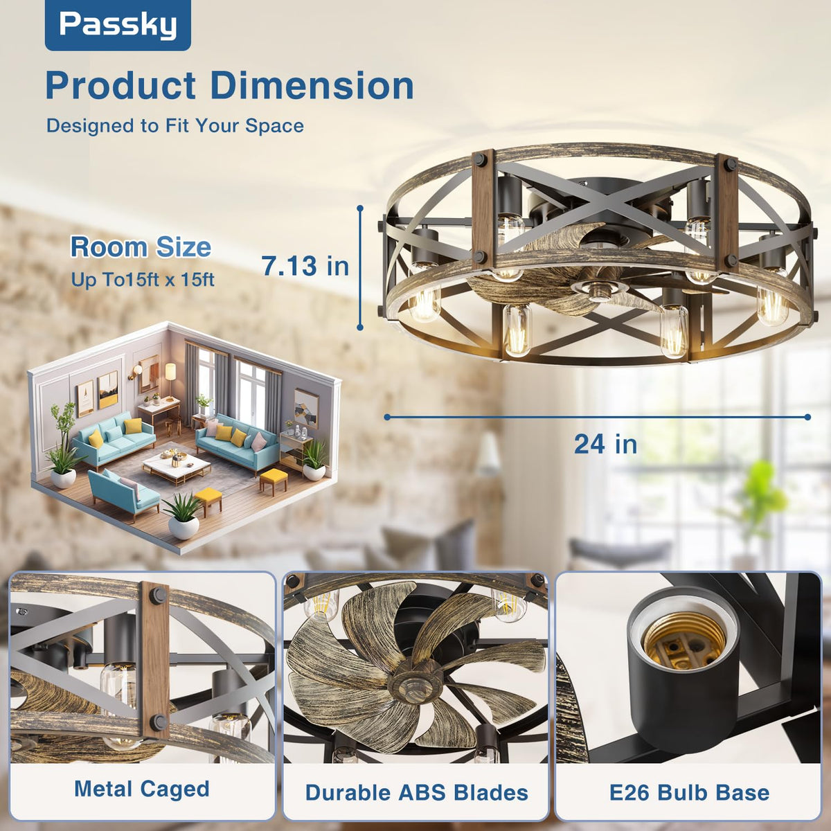 Passky 20" Caged Ceiling Fans with Lights and Remote, Low Profile Fandelier