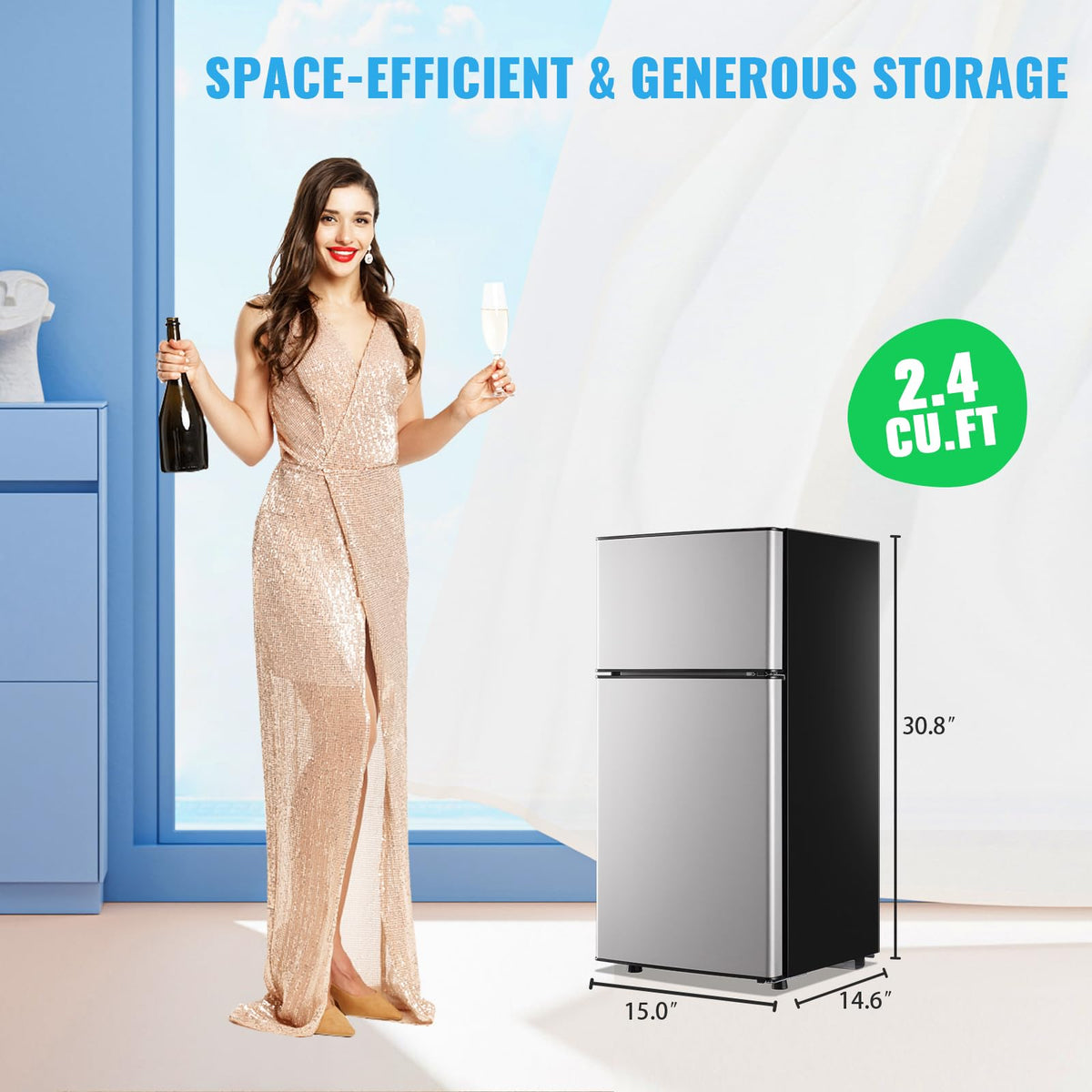 45L Personal Double‑Door Mini Fridge With Freezer, Pink