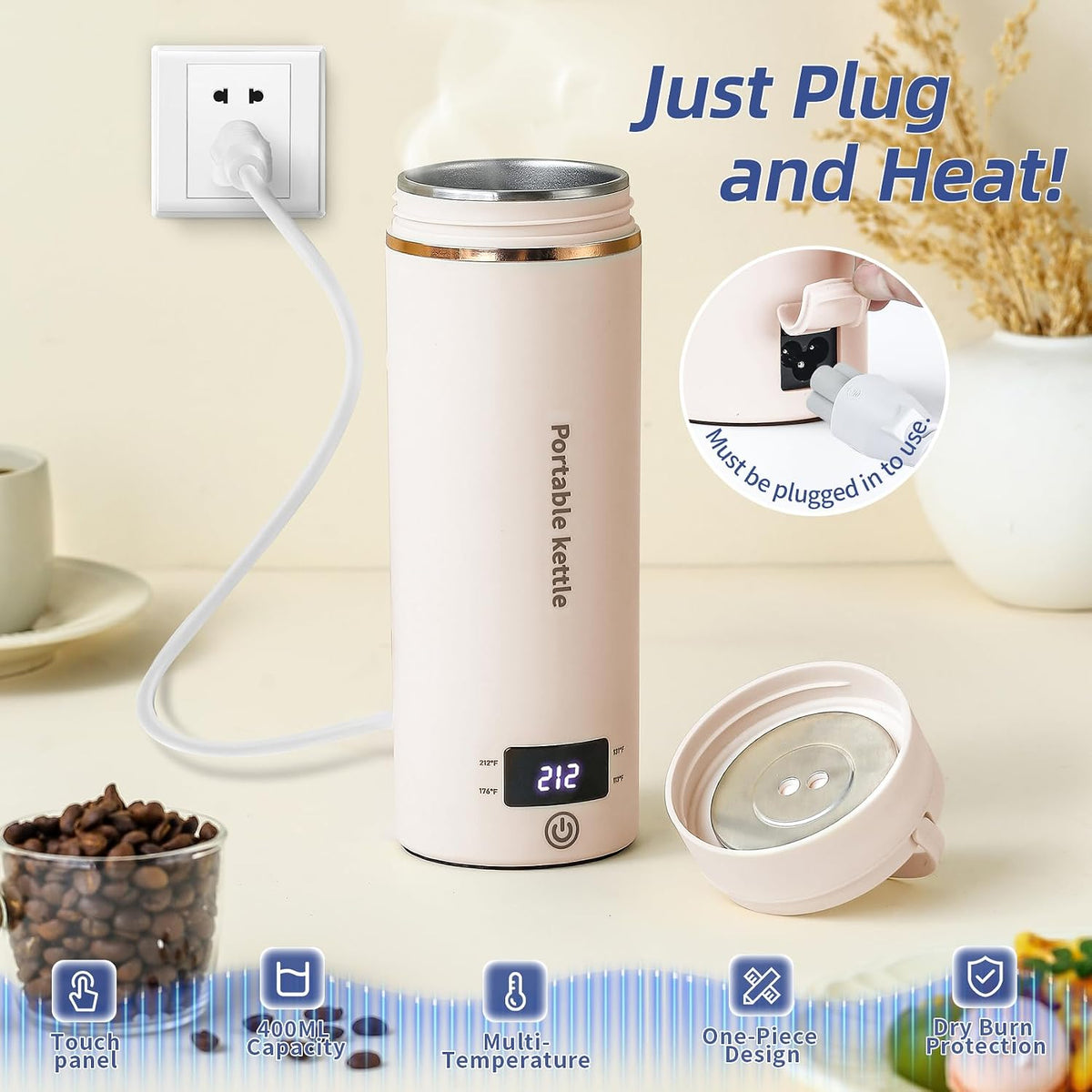 Portable Electric Kettle for Travel 120V, 13.5oz, 4 Temp Settings