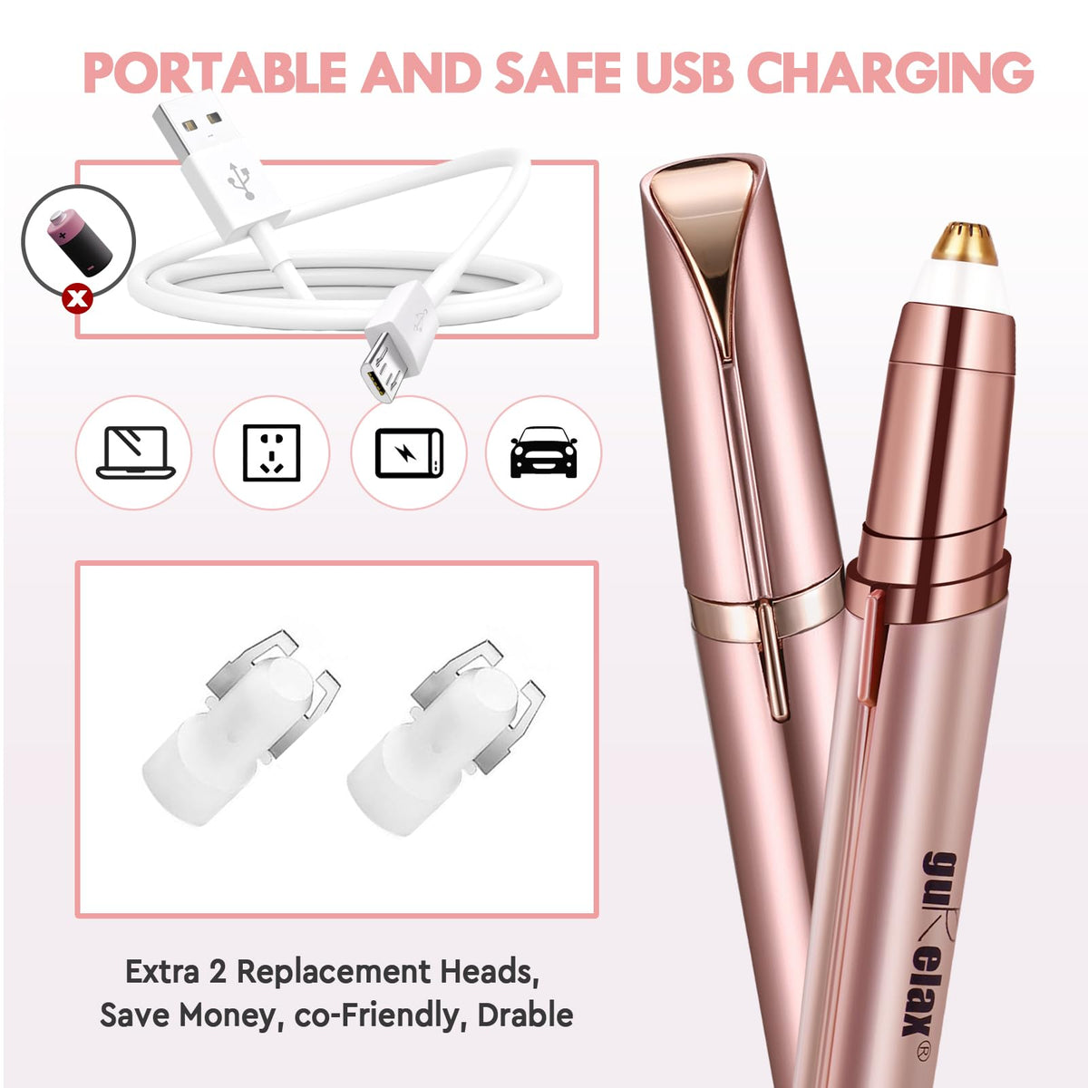 gurelax Eyebrow Hair Remover, Electric Eyebrow Trimmer for Women,Face and Eye Brow Razor with LED Light for Women Rechargeable with 2 x Replacement Heads (White)