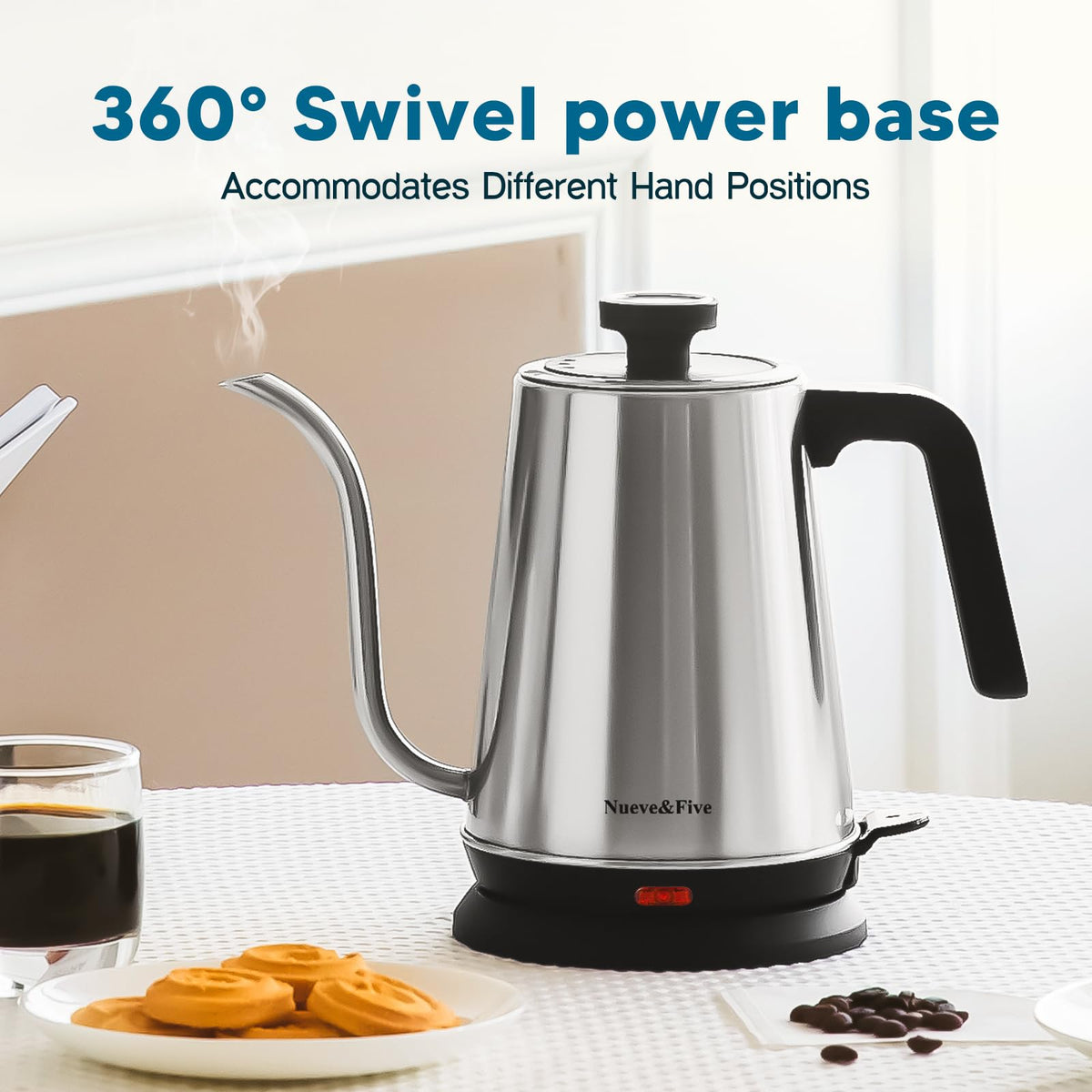 Nueve&Five Electric Gooseneck Kettle with Thermometer, 1.0L Pour Over Hot Water Kettle for Coffee and Tea, 1000W, Auto Shutoff, Boil-Dry Protection, Matte Black