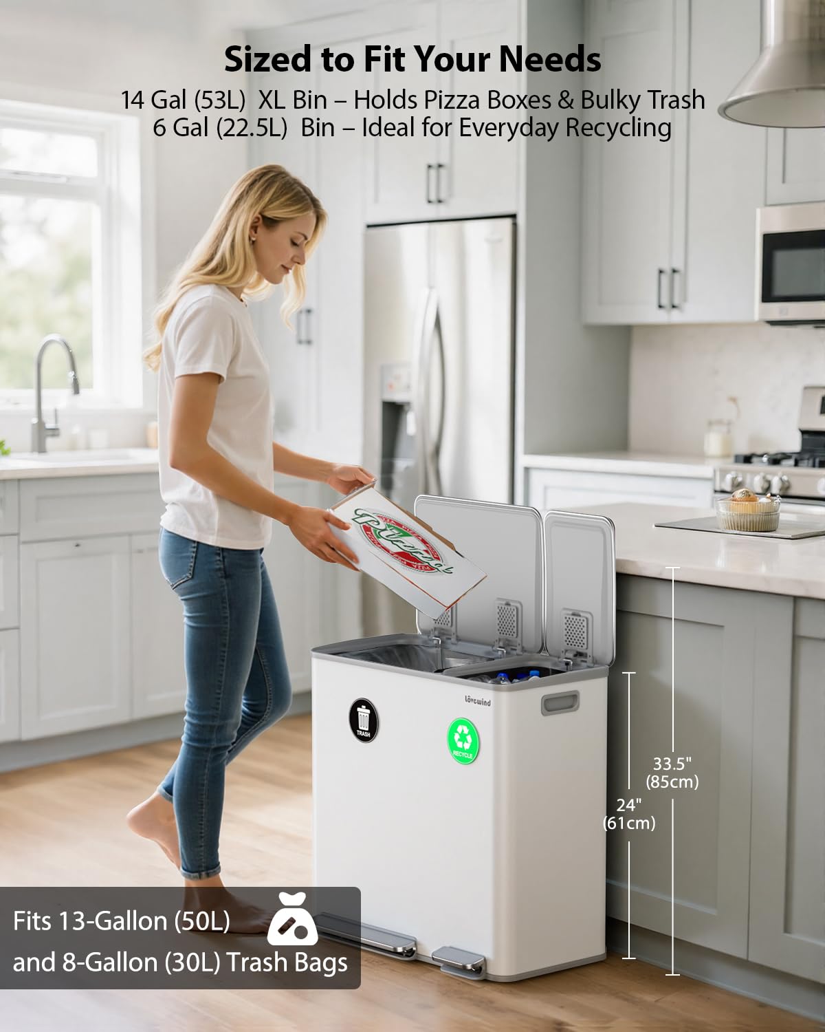 Lovewind Dual Trash and Recycling Bins for Kitchen, 2 * 11-Gallon Stainless Steel Double Trash Can, Step-On Garbage and Recycle Combo, Quiet Close, Pet-Proof, Compatible with 13-Gallon Bags, White