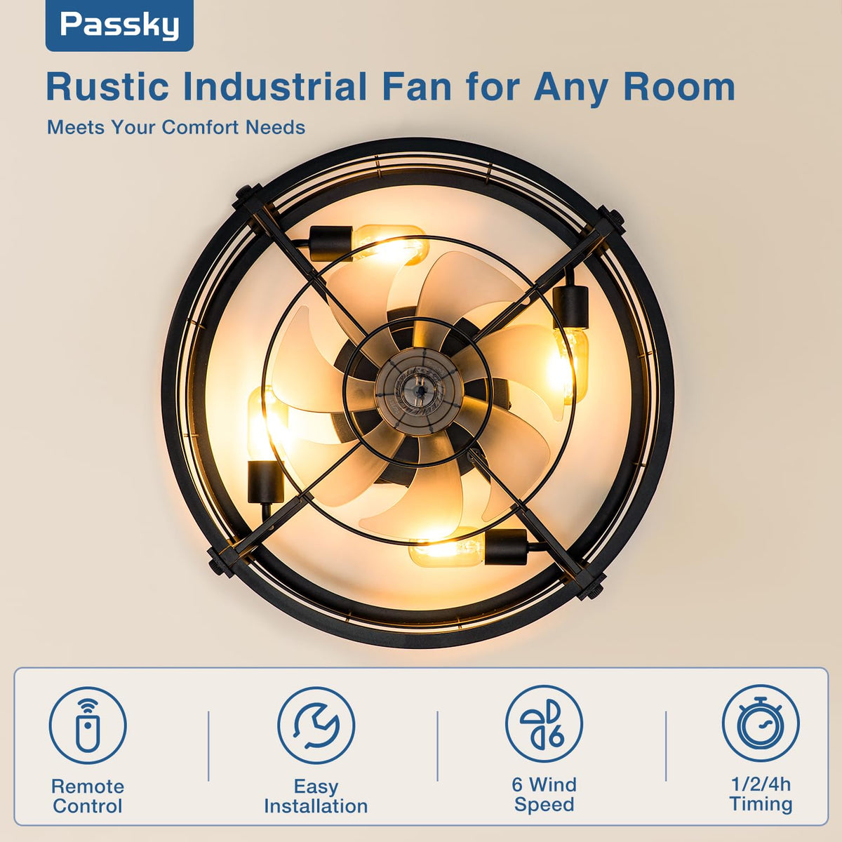 Passky 20" Caged Ceiling Fans with Lights and Remote, Low Profile Fandelier