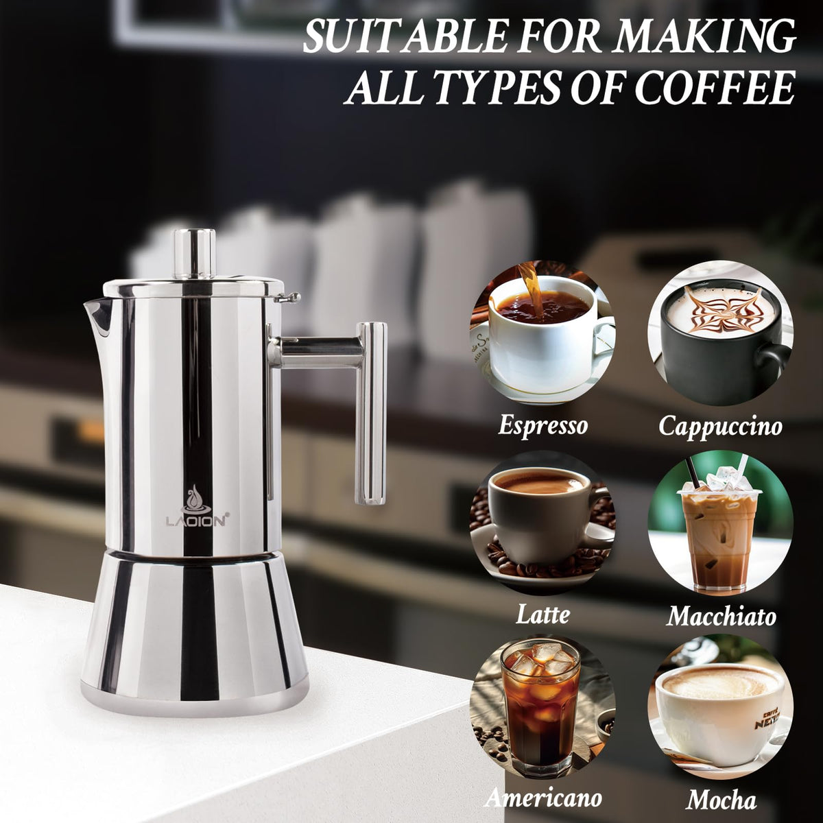 LAOION Stovetop Espresso Maker, 6Cup 10 oz Moka Pot, Stainless Steel