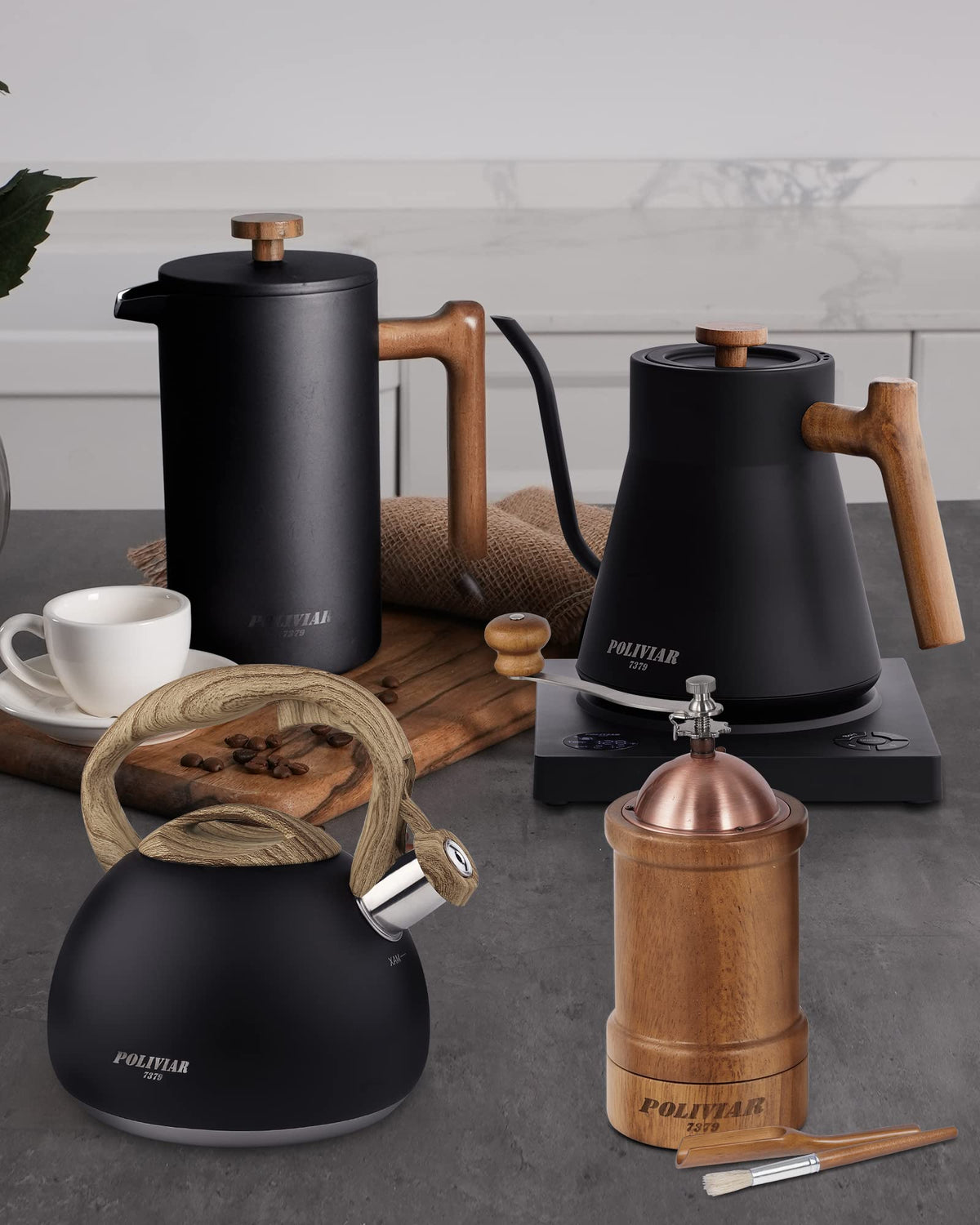 POLIVIAR Tea Kettle, 2.7 Quart Natural Stone Finish with Wood Pattern Handle Loud Whistle Food Grade Stainless Steel Teapot, Anti-Hot Handle and Anti-Rust, Suitable for All Heat Sources (JX2018-GR20)