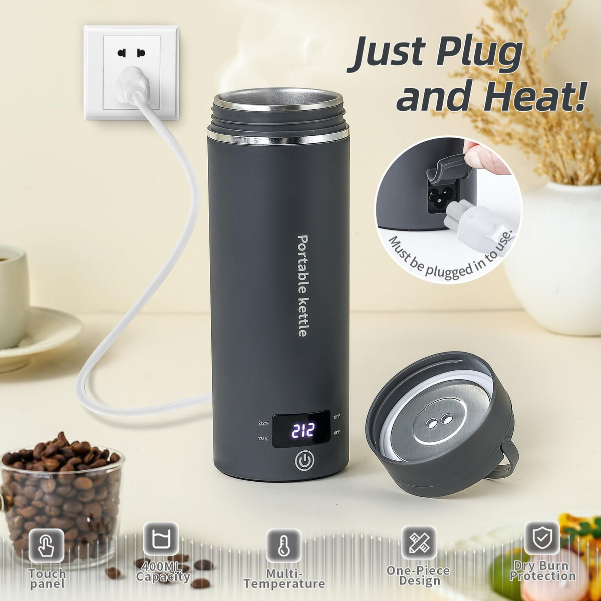 Portable Electric Kettle for Travel 120V, 13.5oz, 4 Temp Settings