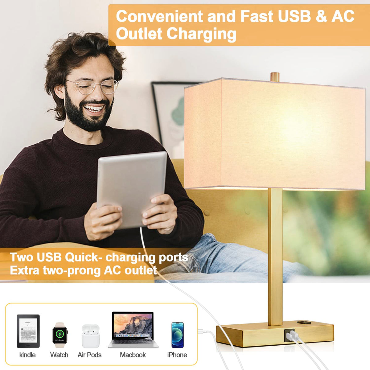 Lynnoland Set of 2 Touch Control Table Lamps with 2 USB & AC Outlet, 3-Way Dimmable Bedside Nightstand Lamps for Bedroom Living Room Nursery, 800 Lumens 5000K Daylight Bulbs Included