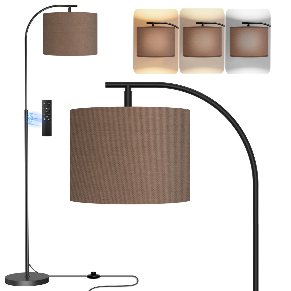 SIBRILLE Floor Lamp with Linen Shade, Arc Dimmable Tall Standing Lamp with Remote Control, Modern Floor Reading Light for Living Room Bedroom Office Corner, 9W LED Bulb Included