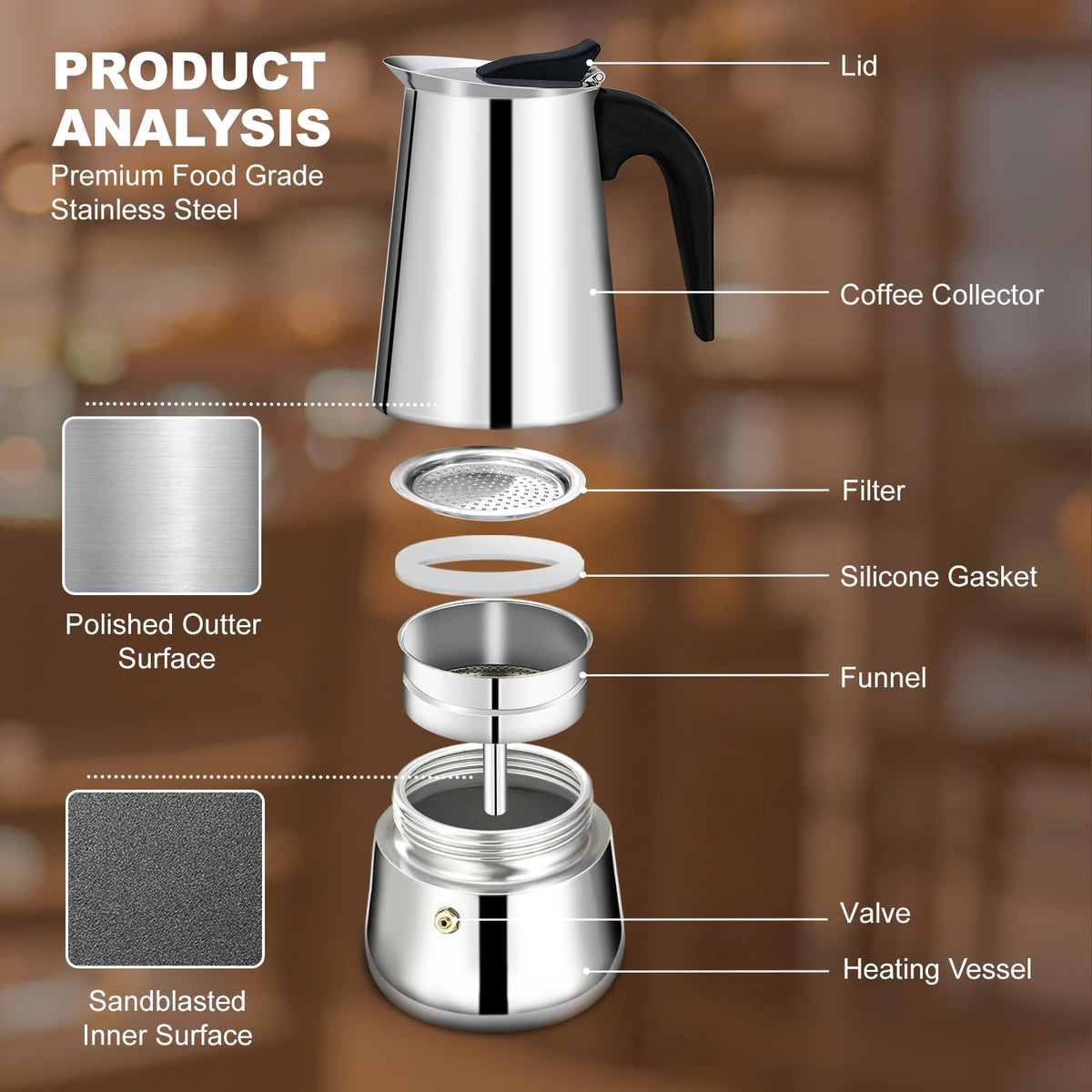 6 Cup Stovetop Espresso Maker Stainless Steel Moka Pot Stove Top Percolator Italian Coffee Makers Capable Mocha Greca Machine Cafe Classic Induction Cookers for Home and Camping 300ml 10oz