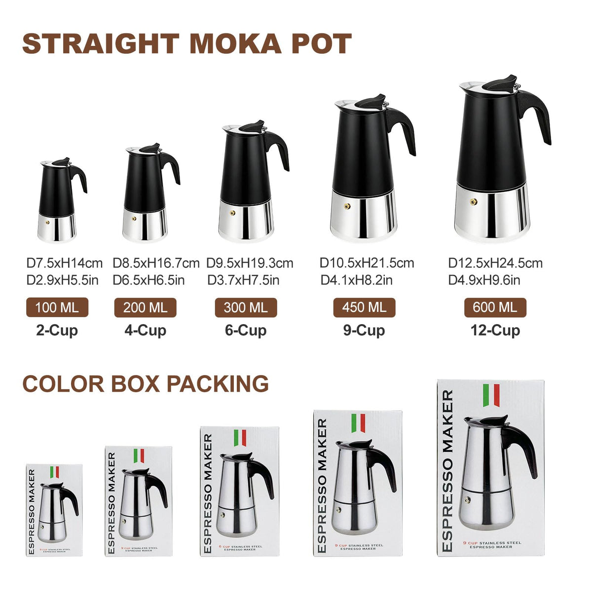 6 Cup Stovetop Espresso Maker Stainless Steel Moka Pot Stove Top Percolator Italian Coffee Makers Capable Mocha Greca Machine Cafe Classic Induction Cookers for Home and Camping 300ml 10oz