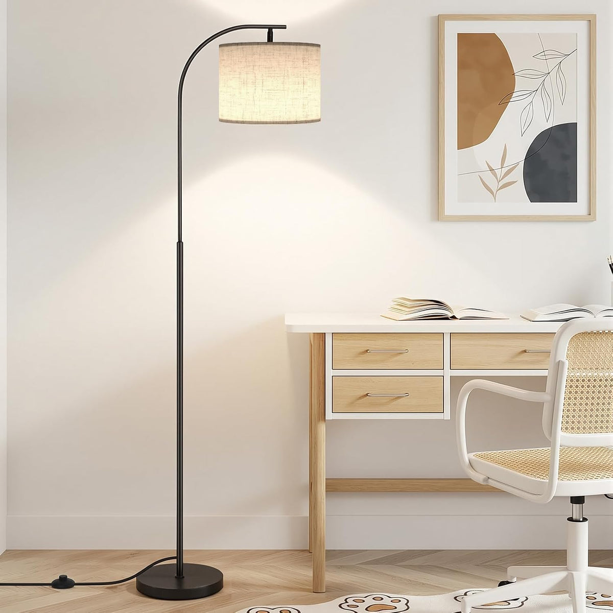 SIBRILLE Floor Lamp with Linen Shade, Arc Dimmable Tall Standing Lamp with Remote Control, Modern Floor Reading Light for Living Room Bedroom Office Corner, 9W LED Bulb Included