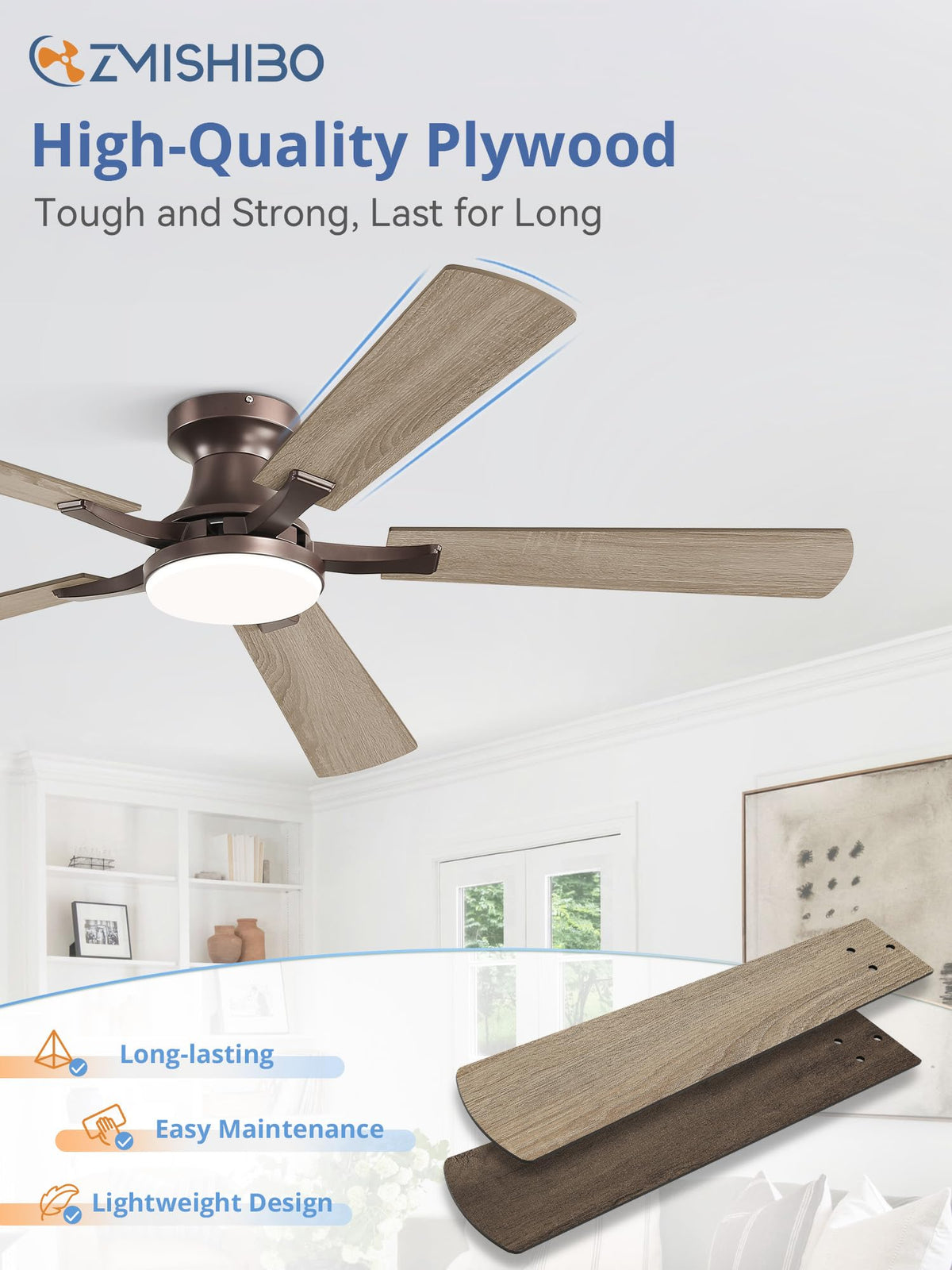 ZMISHIBO 52 Inch Ceiling Fans with Lights, Remote&App Control, Flush Mount