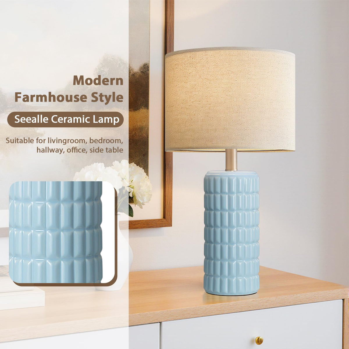 Seealle 23" Modern Ceramic Table Lamps Set of 2, Lamps for Bedroom, White