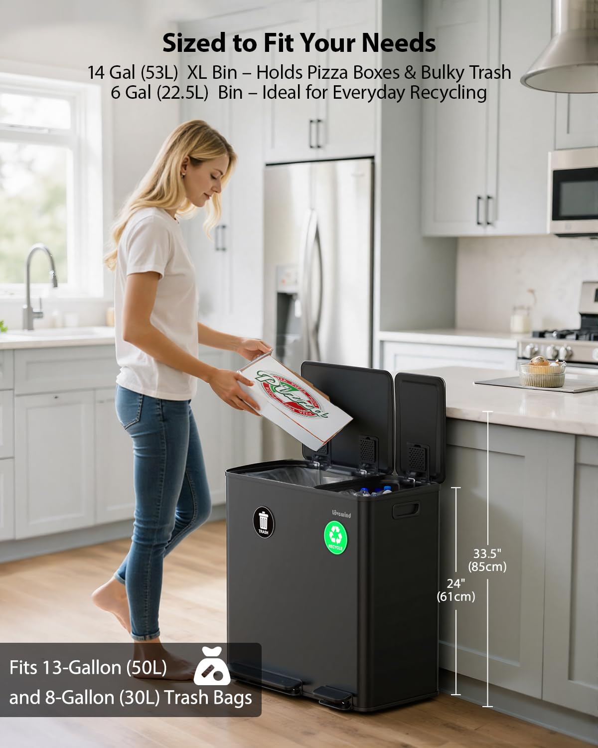 Lovewind Dual Trash and Recycling Bins for Kitchen, 2 * 11-Gallon Stainless Steel Double Trash Can, Step-On Garbage and Recycle Combo, Quiet Close, Pet-Proof, Compatible with 13-Gallon Bags, White
